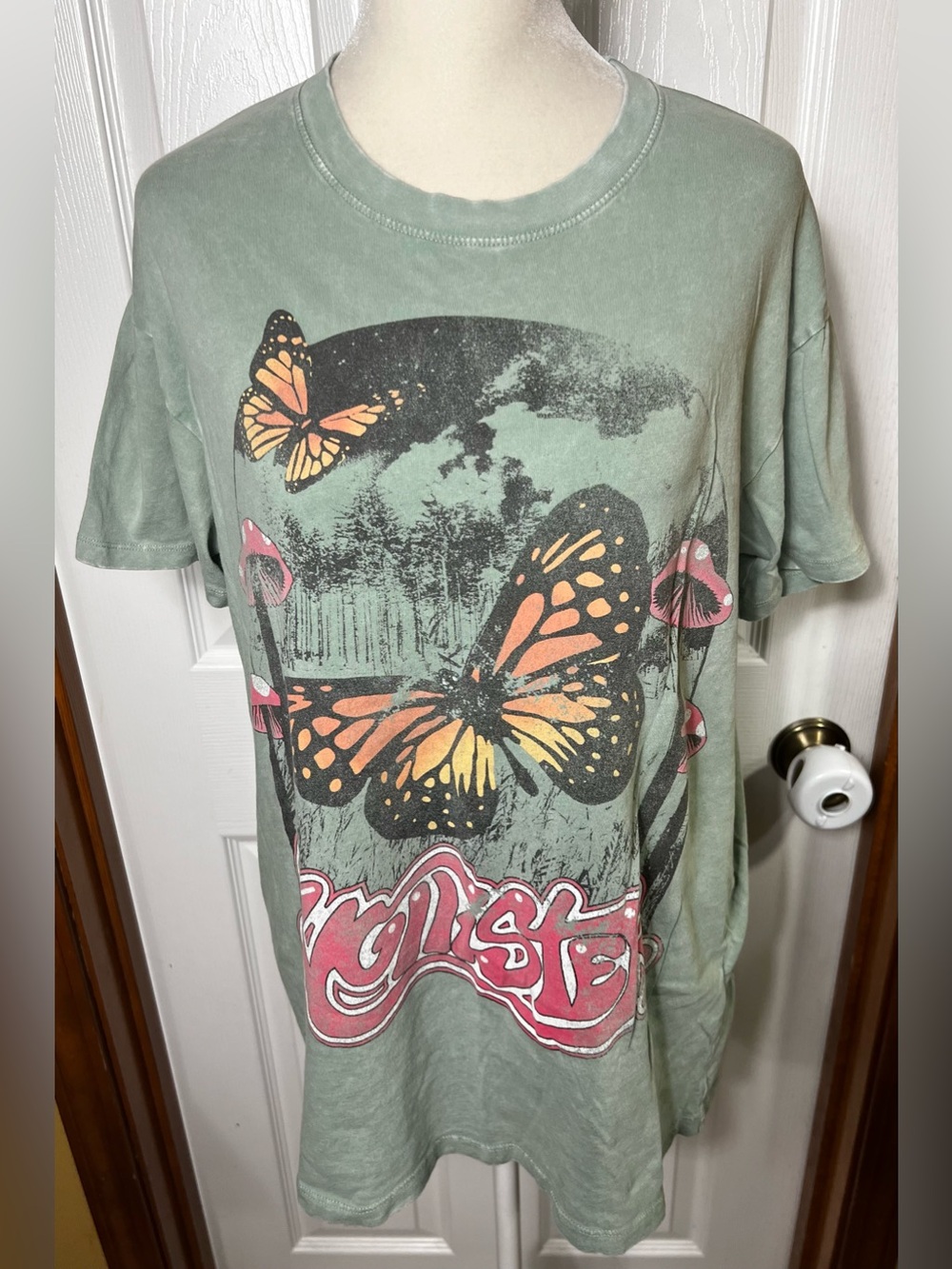 Hollister Graphic Tee Graphic Top T Shirt Butterfly Cotton Green Oversized XS